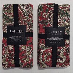 NEW Ralph Lauren Napkins 8 Set Cotton Paisley 20x20" Red Green Tan Christmas NWT